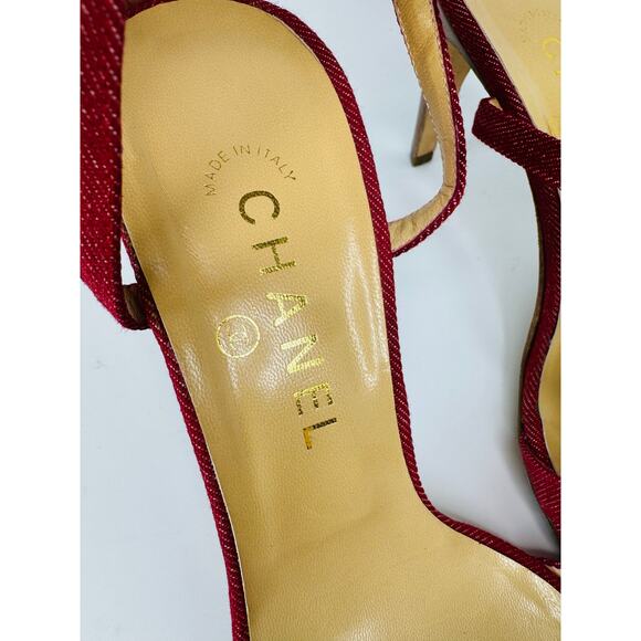 Vintage Chanel Red Canvas Sandals Heels IT 39  Grommet Ankle Strap CC Logo - Picture 5 of 12
